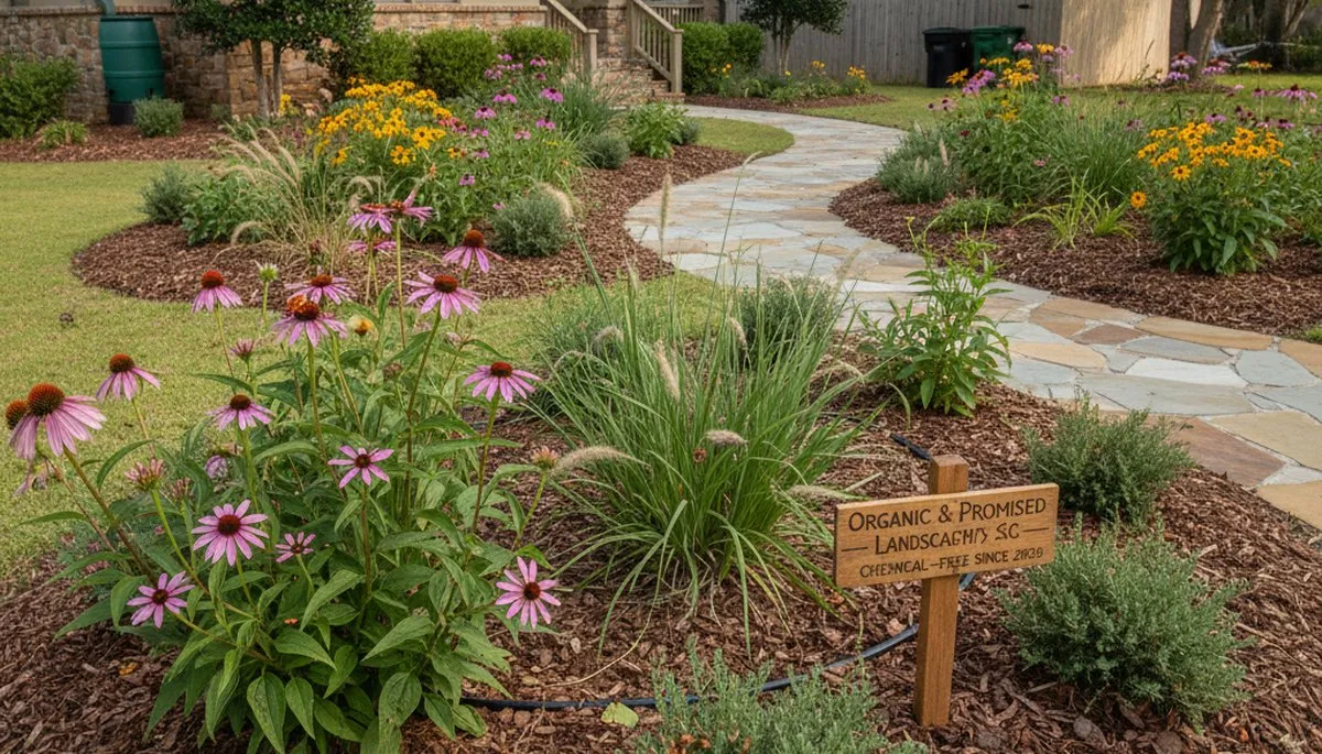 Lush organic landscape beds with natural mulch and native plants in Myrtle Beach, SC