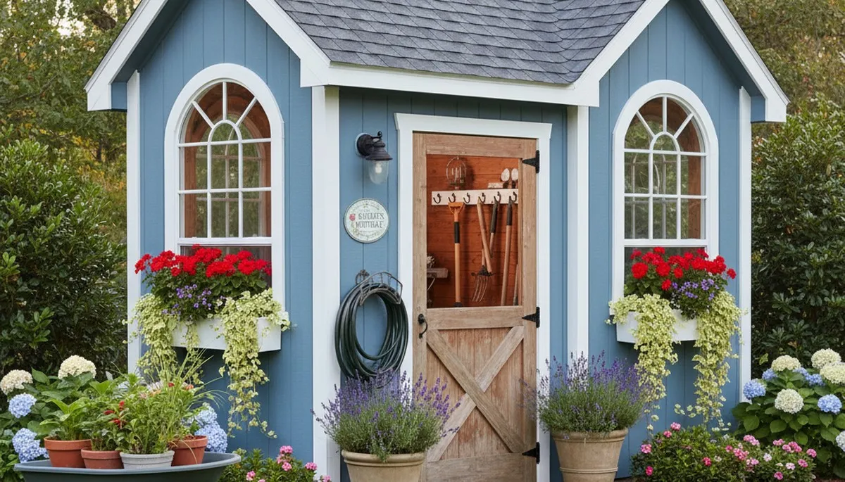 Decorative garden shed with lush landscape design by Chop Chop Landscaping in Myrtle Beach, SC