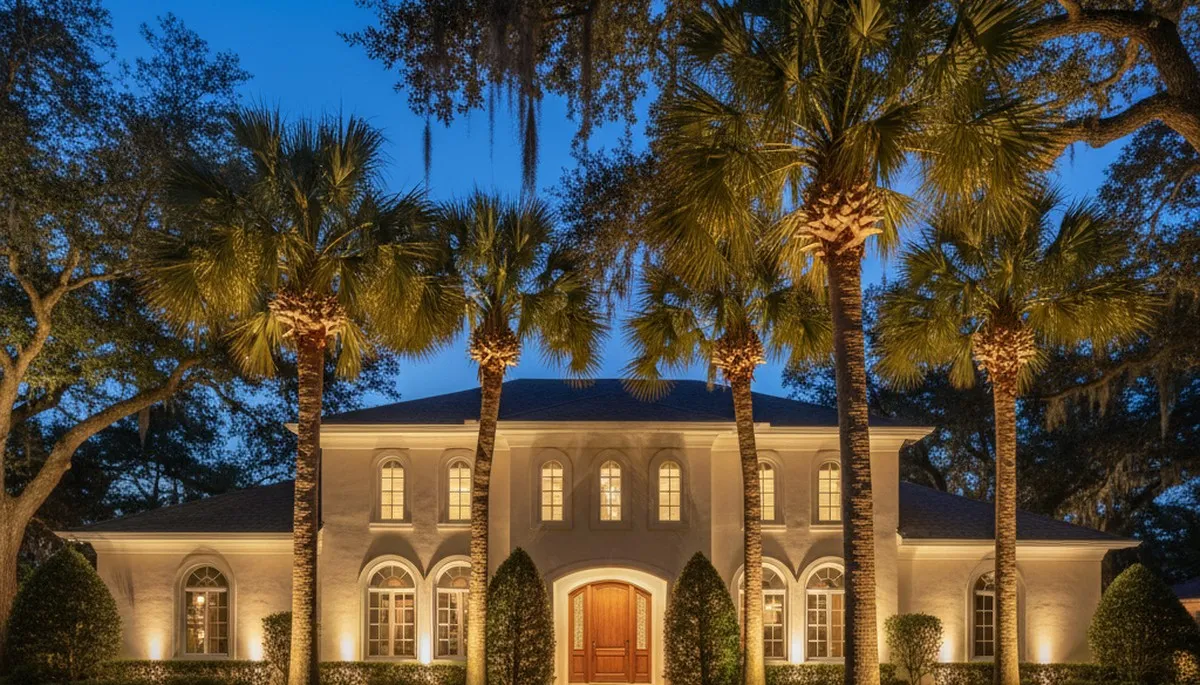 Dramatic tree uplighting showcasing professional landscape lighting in Myrtle Beach, SC at night
