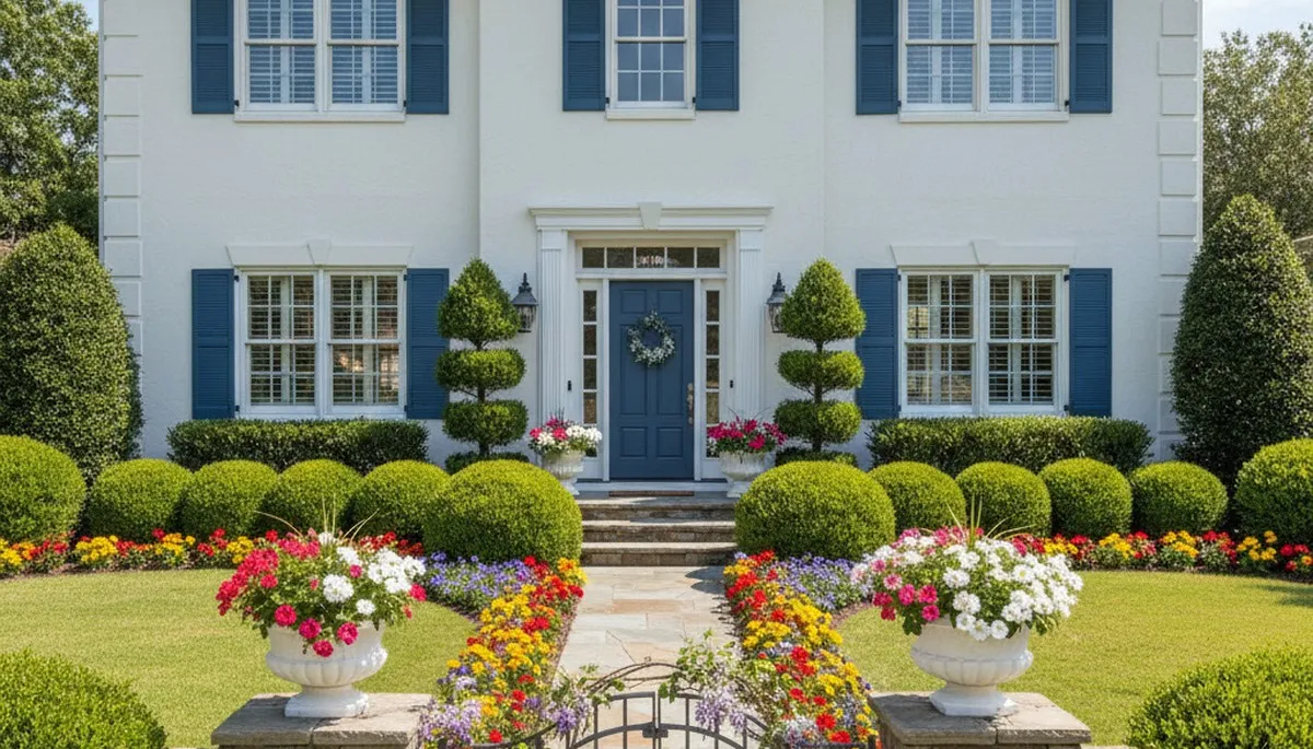 Front yard landscape design with colorful plants and shaped shrubs in Myrtle Beach, SC