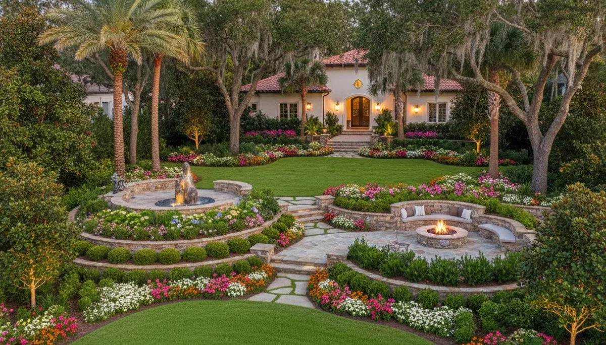 Full property landscape transformation with lush lawn, hardscape, and plantings in Myrtle Beach, SC