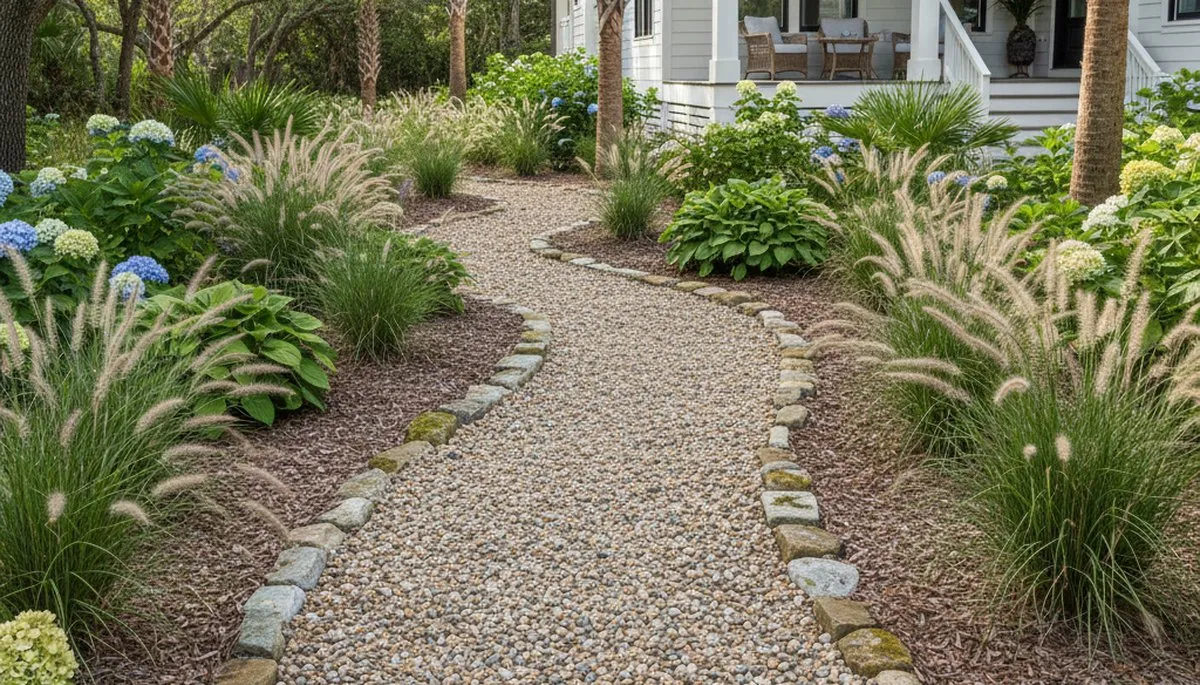 Pea gravel garden path with natural drainage by Chop Chop Landscaping in Myrtle Beach, SC