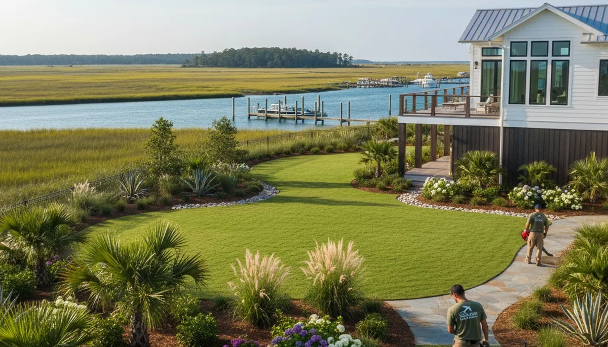 Myrtle Beach, SC landscaping service maintaining a healthy, green lawn for a local home