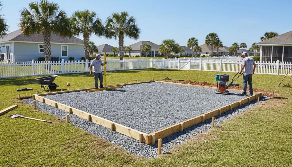 Professional shed foundation preparation with gravel base and drainage in Myrtle Beach SC landscaping