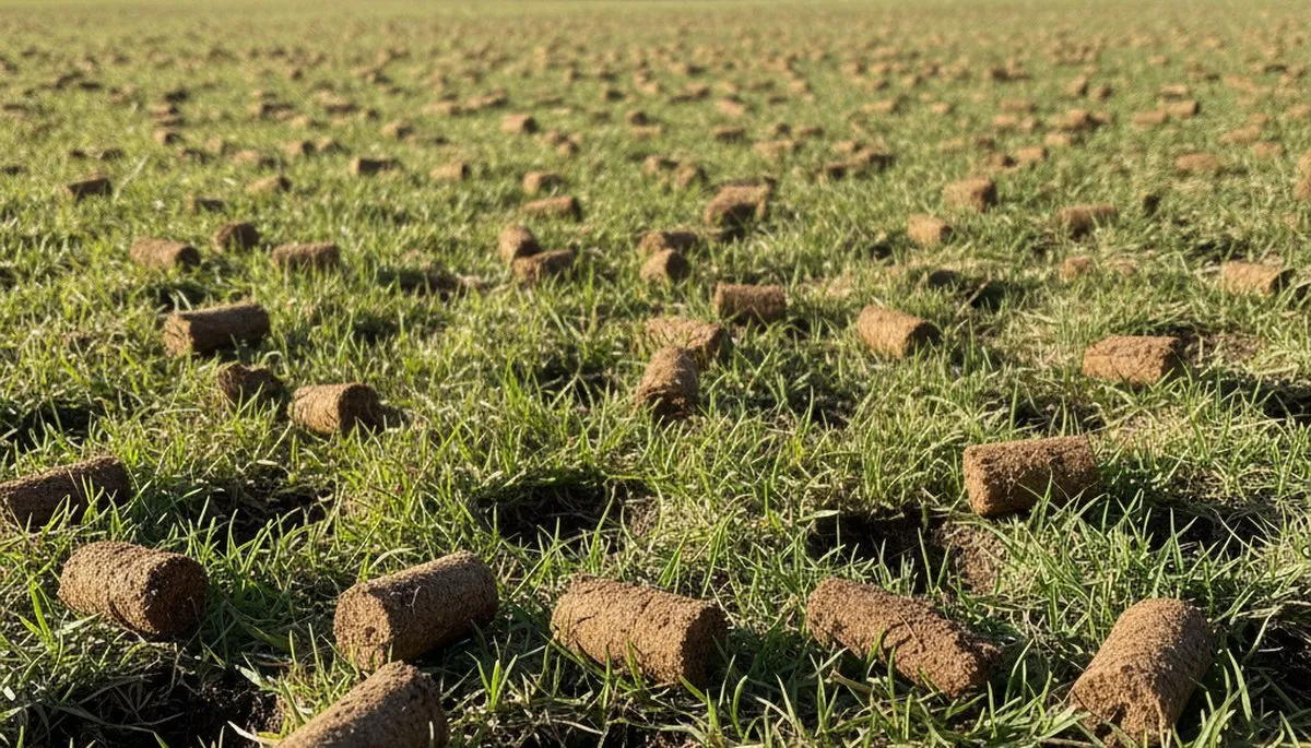 Close-up of lawn aeration soil plugs on healthy grass in Myrtle Beach, SC by Chop Chop Landscaping