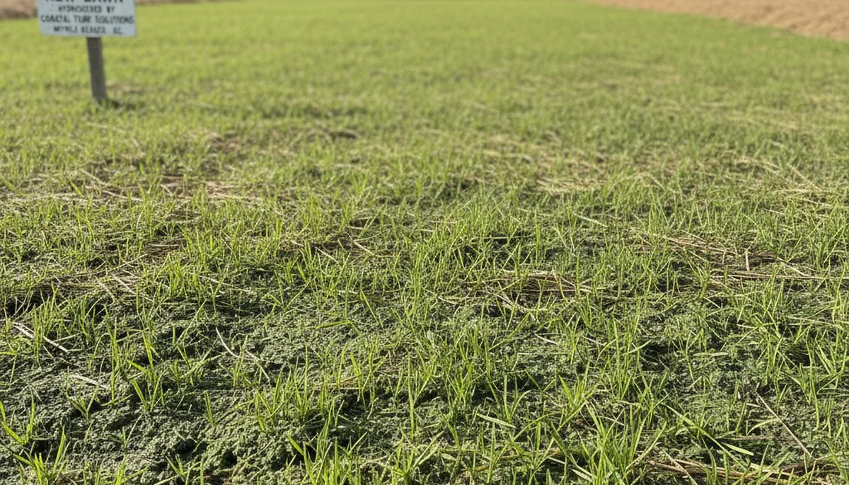 New grass seedlings sprouting from hydroseeded lawn in Myrtle Beach SC by Chop Chop Landscaping