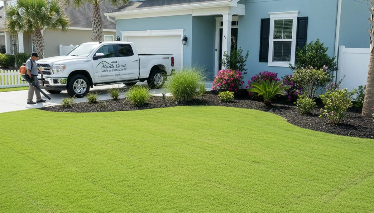 Lush manicured lawn at Myrtle Beach home showing professional lawn maintenance by Chop Chop Landscaping