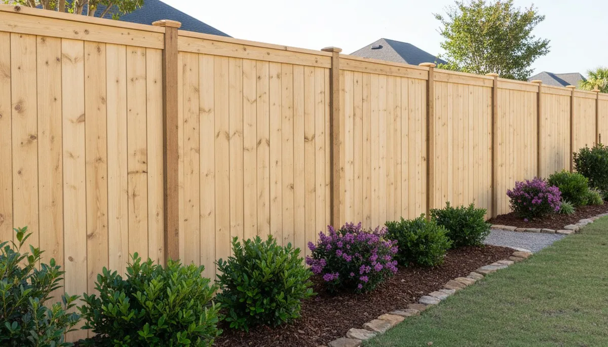 White privacy fence installation by Chop Chop Landscaping in Myrtle Beach, SC showcasing expert craftsmanship
